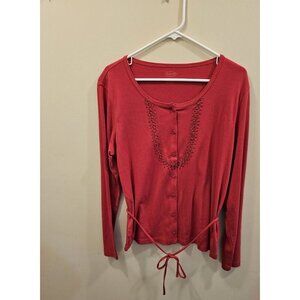 Women's Talbots Henley Top Beaded Neck Tie Waist Long Sleeve Size Large‎